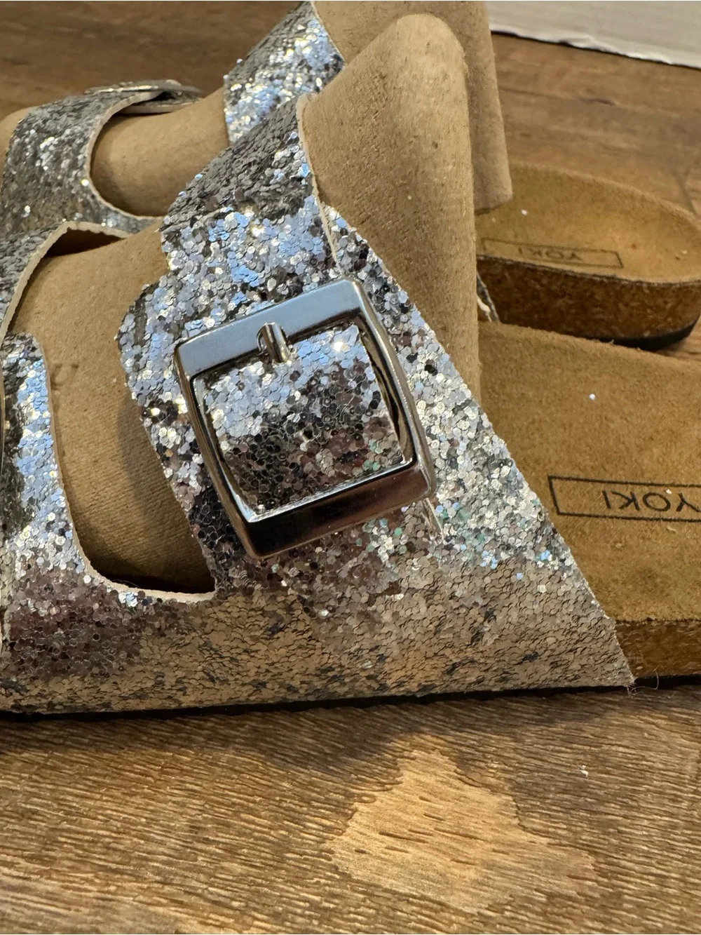 Yoki Silver Glitter Double-Buckle Slide Sandals Tan Cork-Style Soles Size 8.5